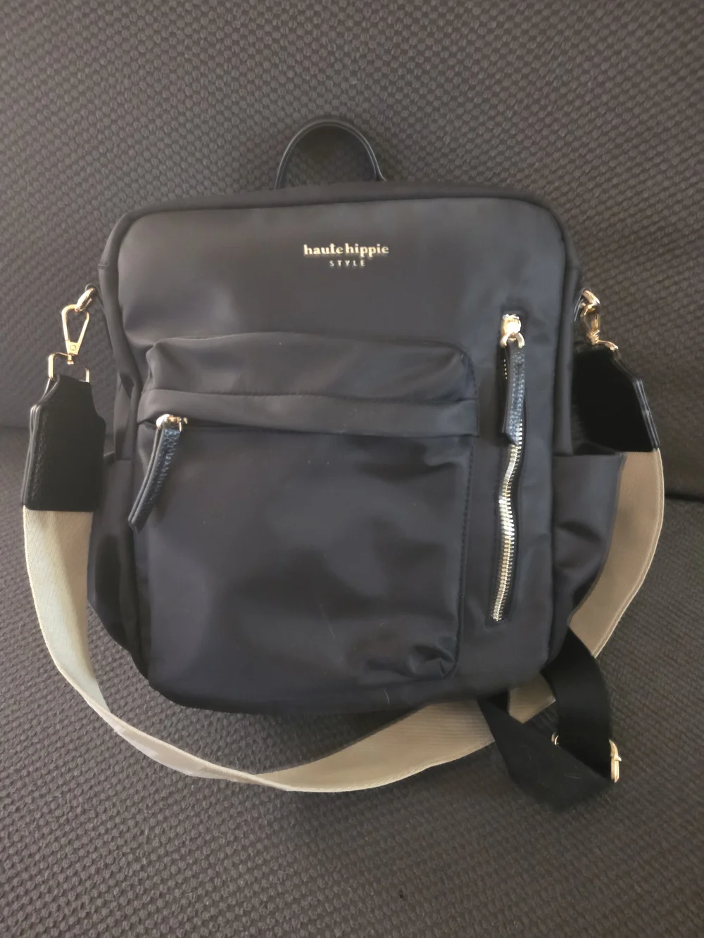 Haute Hippie Black Nylon Crossbody Backpack with Adjustable Strap